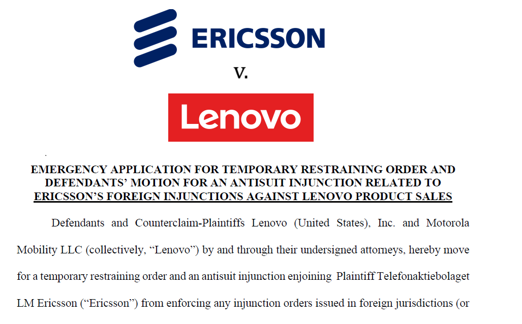 Lenovo offered Ericsson only 23 cents per phone, is seeking its own SEP injunctions; U.S. antisuit hearing on 1/11