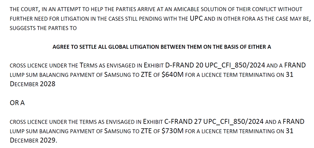 UPC proposes terms for ZTE-Samsung cross-license: $640M for 5 years, $730M for 6; consistent with Chongqing, Munich; otherwise PMAC mediation